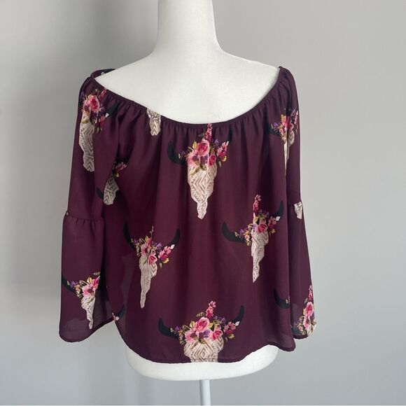 Altar'd State Cattle Skull Western Print Floral Cropped Flowy Blouse - Picture 3 of 4